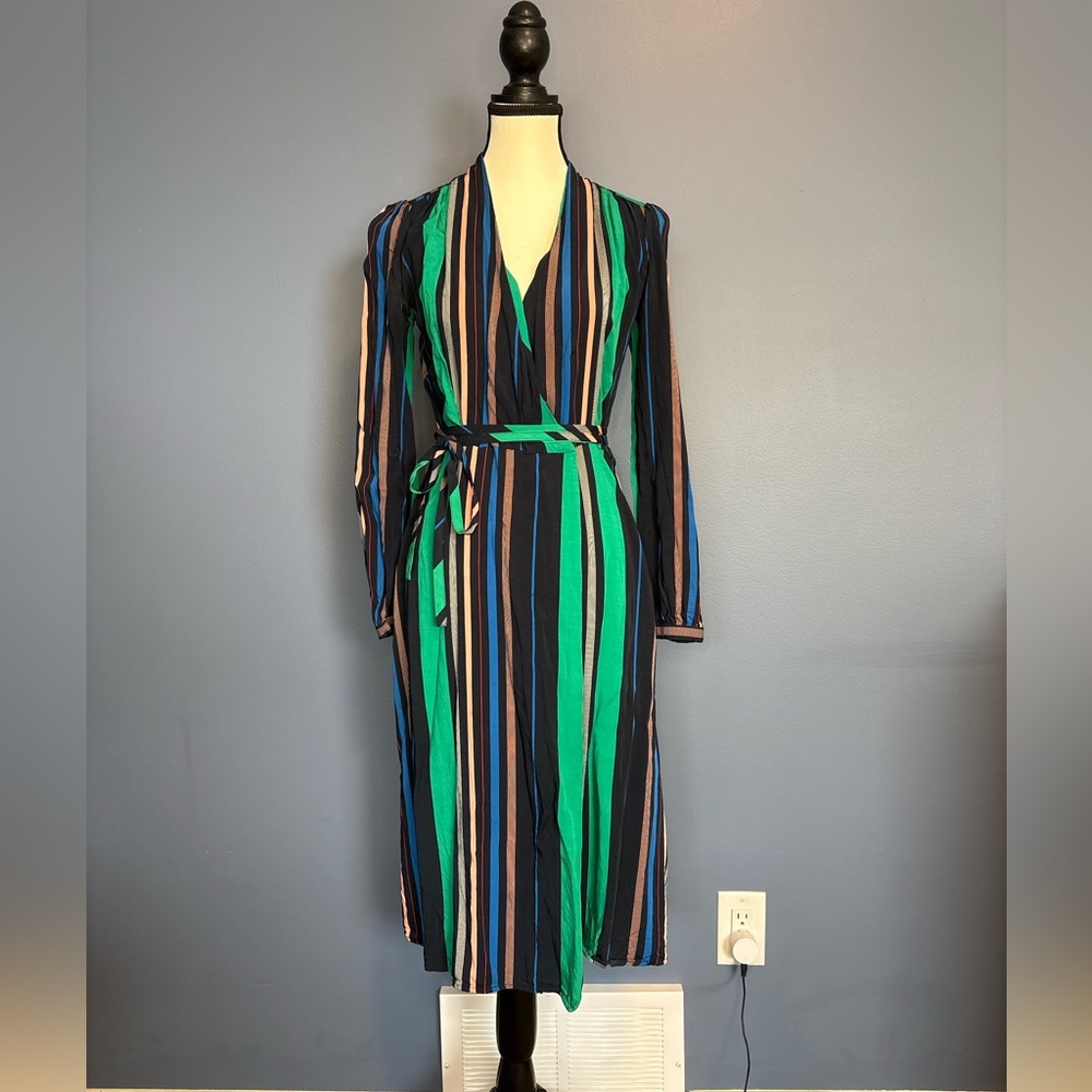 Navy Pinstriped Wrap Midi Dress w/ Belt | Deep V | Long Sleeve | XS - Picture 3 of 10